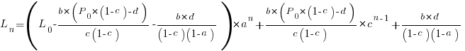 L_n=(L_0-b*(P_0*(1-c)-d)/{c(1-c)}-b*d/{(1-c)(1-a)})*a^n+{b*(P_0*(1-c)-d)/{c(1-c)}}*c^{n-1}+b*d/{(1-c)(1-a)}