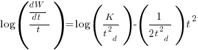 log({{dW}/{dt}}/t)=log(K/{t^2_d}) - (1/{2t^2_d})t^2