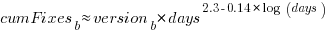 cumFixes_b approx version_b*days^{2.3-0.14*log(days)}