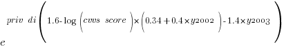 e^{{priv~di}(1.6-log({cvvs~score})*(0.34+0.4*y2002)-1.4*y2003)}