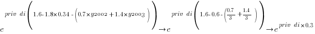 e^{{priv~di}(1.6-1.8*0.34-(0.7*y2002+1.4*y2003))} right e^{{priv~di}(1.6-0.6-(0.7/3+1.4/3))} right e^{{priv~di}*0.3}